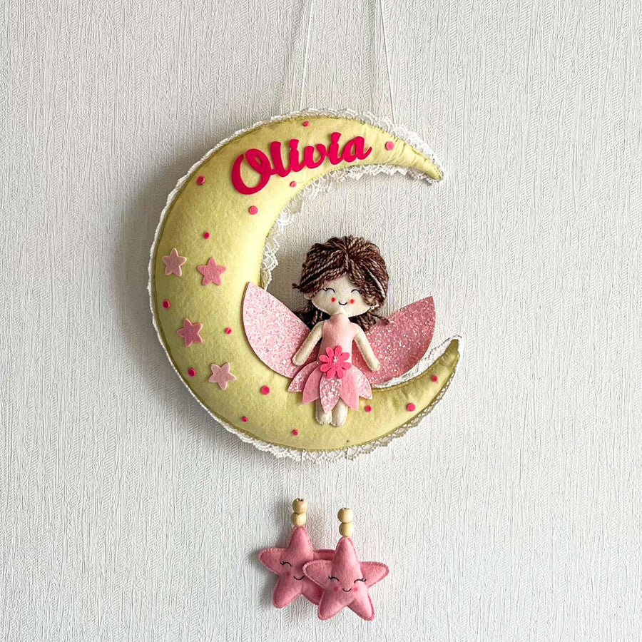 Personalized Fairy Blossom Theme Felt Kids Name Plate - Front View Hanging on Wall