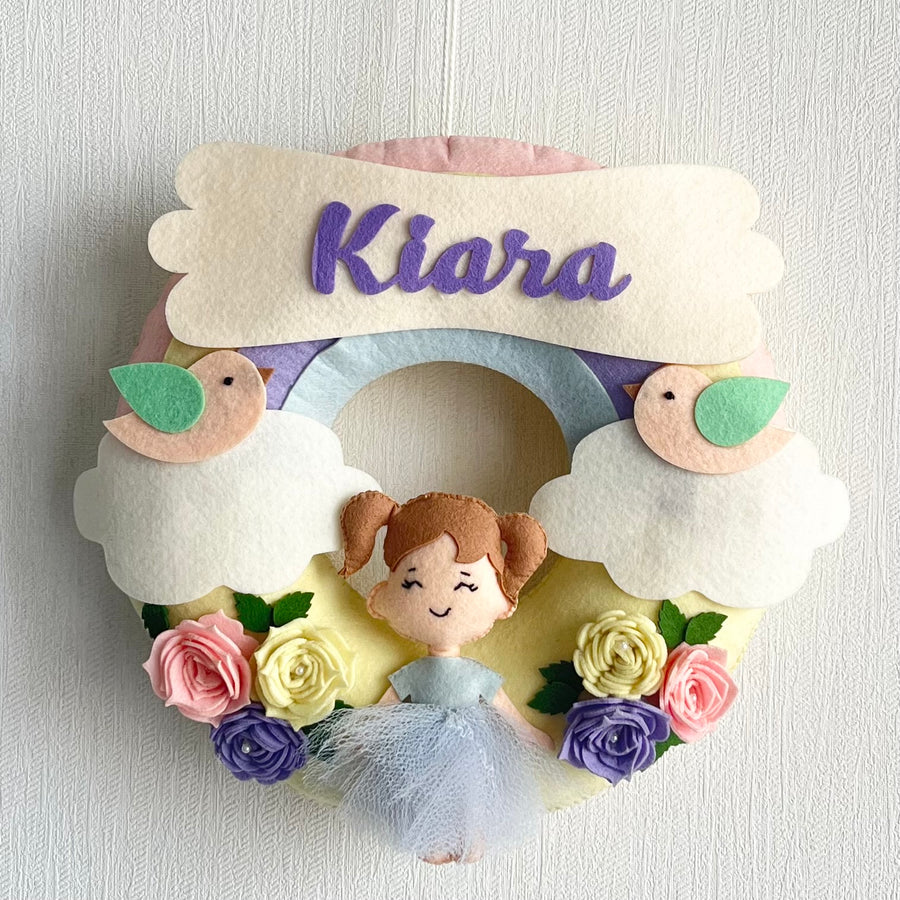 Personalized Flower Fairy Theme Felt Kids Name Plate - Front View with Name Personalization