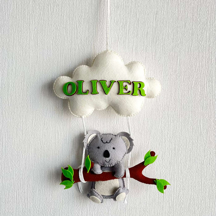 Personalized Koalas Cling Theme Felt Kids Name Plate - Front View Hanging on Wall
