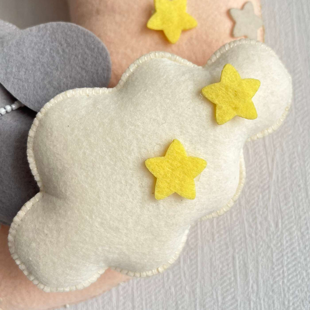 Personalized Moonlit Jumbo Theme Felt Kids Name Plate - Close-up of Front with Star Decorations