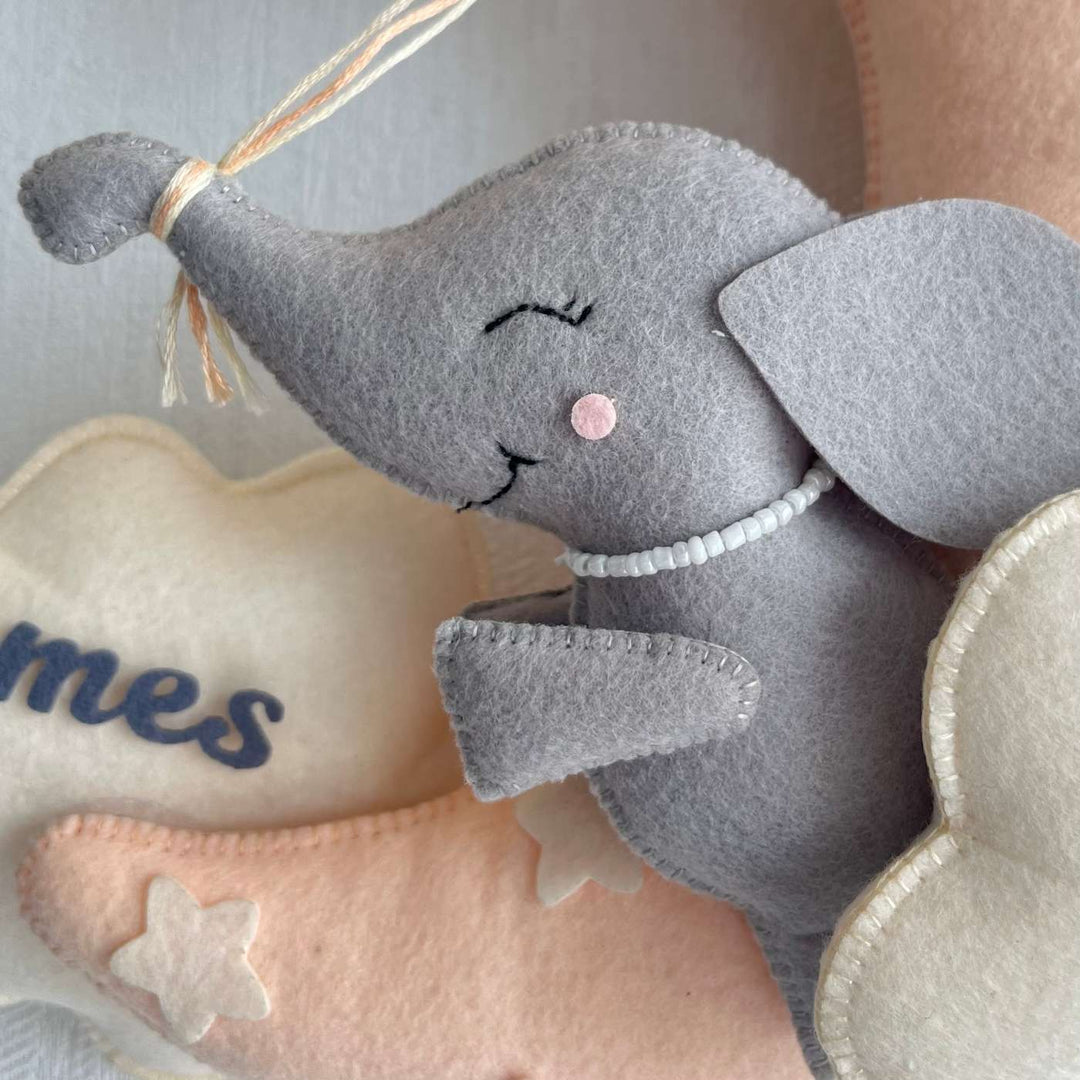 Personalized Moonlit Jumbo Theme Felt Kids Name Plate - Hanging Felt Elephant Close-up