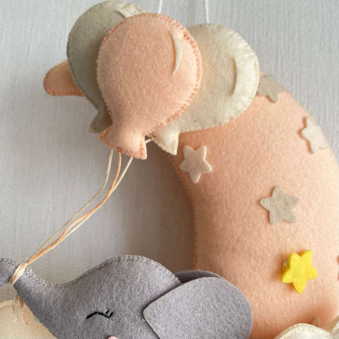 Personalized Moonlit Jumbo Theme Felt Kids Name Plate - Close-up of Balloon Detail and Moon