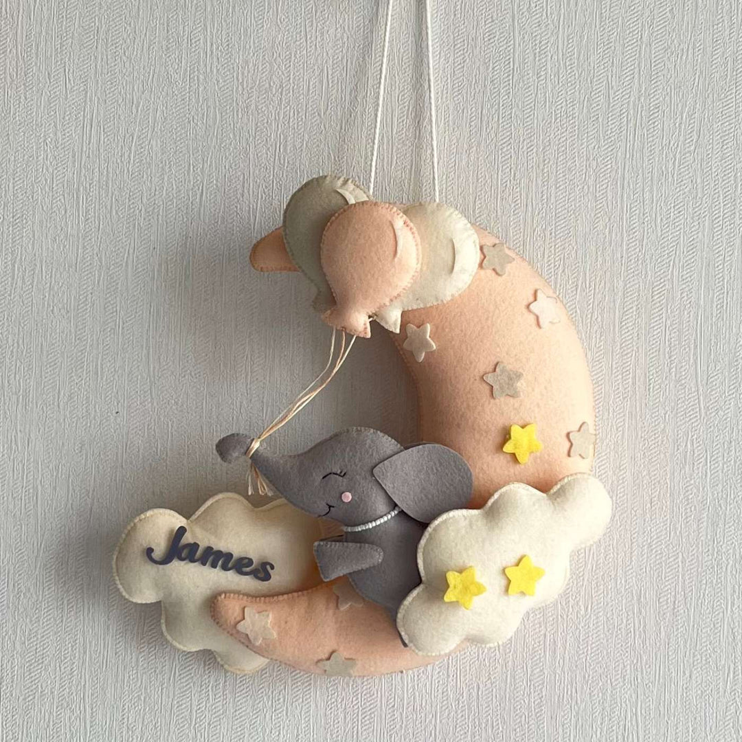 Personalized Moonlit Jumbo Theme Felt Kids Name Plate - Hanging Front View with Name Personalization