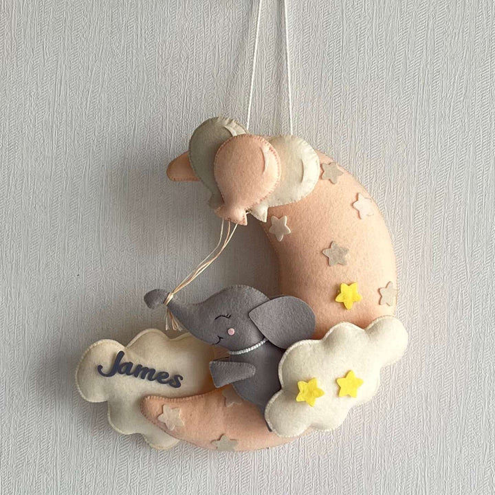 Personalized Moonlit Jumbo Theme Felt Kids Name Plate - Hanging Front View with Name Personalization
