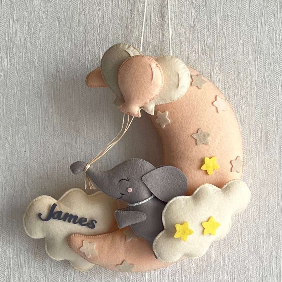 Personalized Moonlit Jumbo Theme Felt Kids Name Plate - Hanging Nursery Decoration Front View
