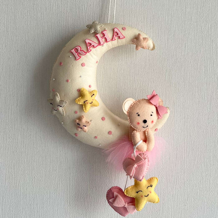 Personalized Pink Teddy On A Moon Theme Felt Kids Name Plate - Hanging Wall Decoration Front View