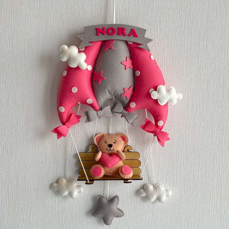 Personalized Pink Teddy On A Swing Theme Felt Kids Name Plate - Front View Hanging on Wall