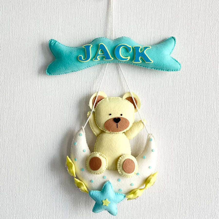 Personalized Teddy On A Moon Theme Felt Kids Name Plate - Front View Hanging on Wall