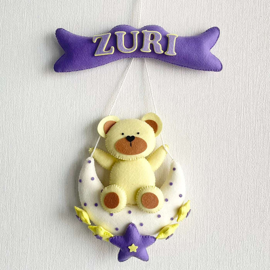 Personalized Teddys Starry Moon Theme Felt Kids Name Plate - Hanging Wall Decoration Front View