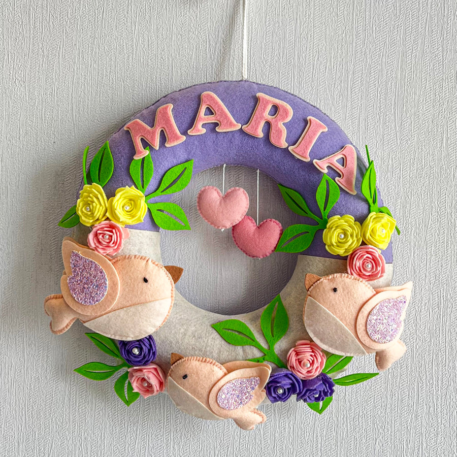 Personalized Tweets And Blooms Theme Felt Kids Name Plate - Front View Hanging on Wall