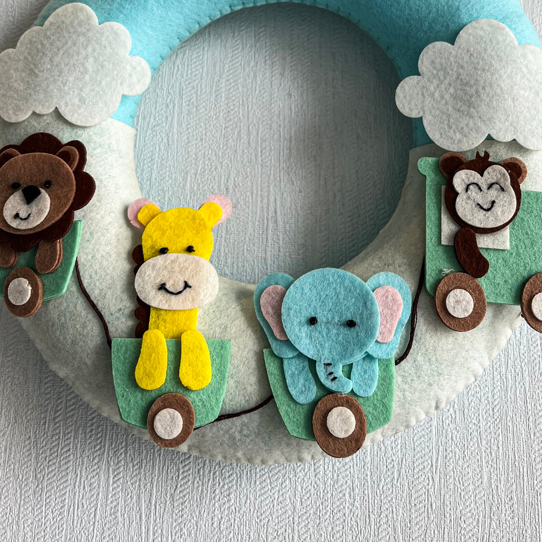 Personalized Wildlife Wonders Theme Felt Kids Name Plate - Front View Showing Plush Animal Details