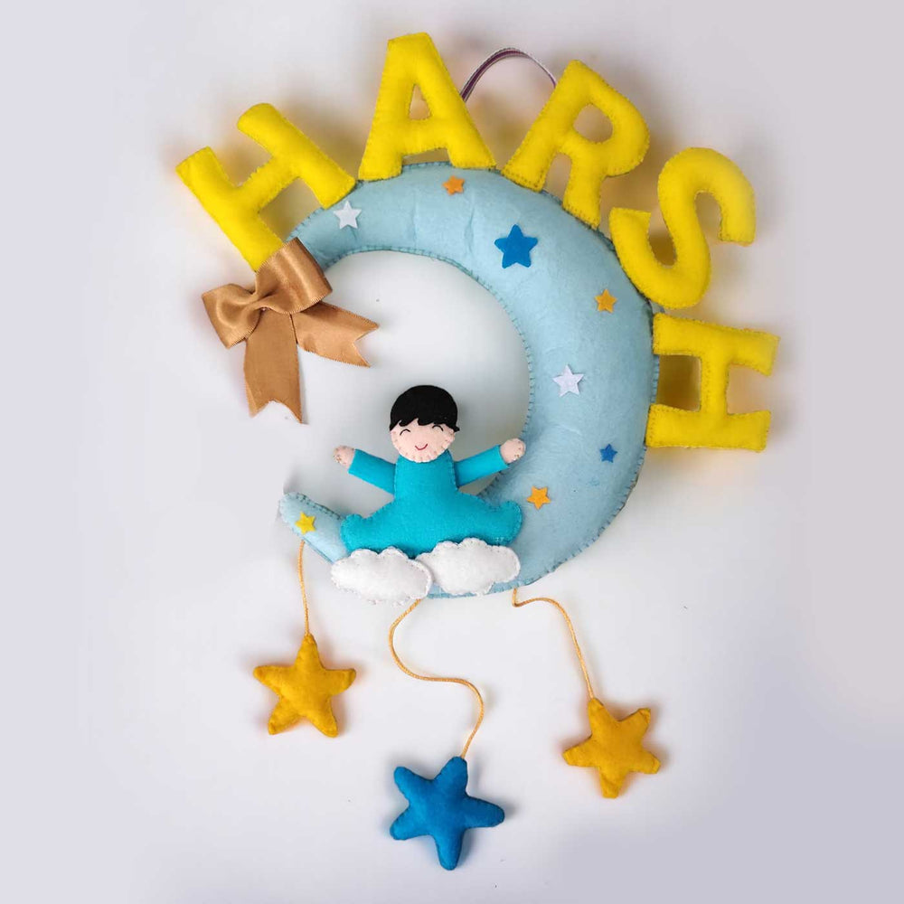 Personalized Handmade Baby Moon Felt Name Plate - Front View Hanging Name Decoration