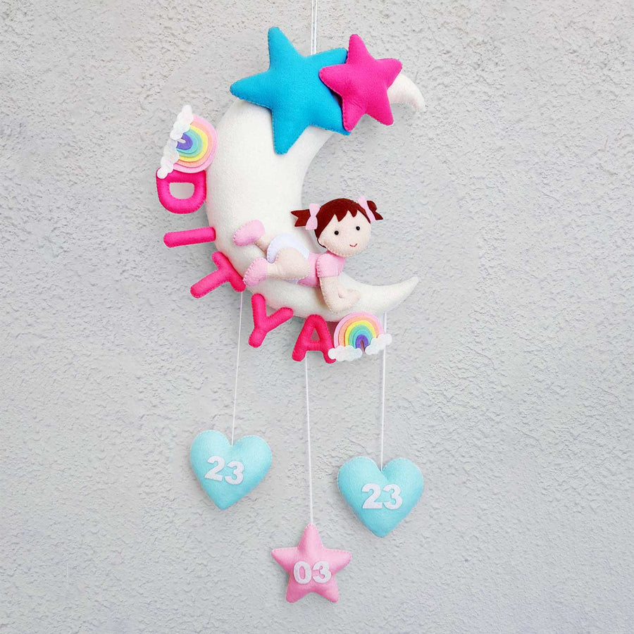 Handmade Personalized Baby On Moon Felt Kids Name Hanging - Hanging Wall Decoration Front View