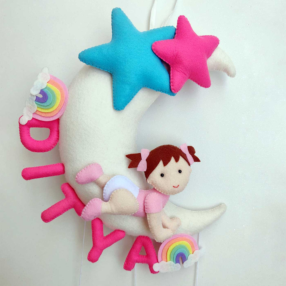 Handmade Personalized Baby On Moon Felt Kids Name Hanging - Front View Hanging Decoration Display