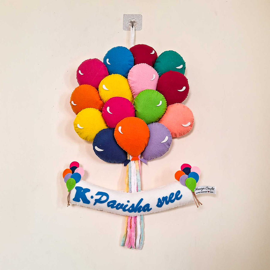 Personalized Balloon Themed Felt Kids Name Plate For Kids - Front View Hanging on Wall