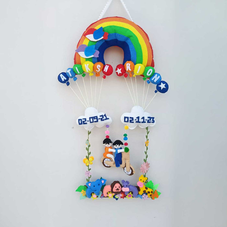 Personalized Rainbow Theme Felt Kids Name Plate For Siblings 2 - Hanging Personalized Name and Date Display