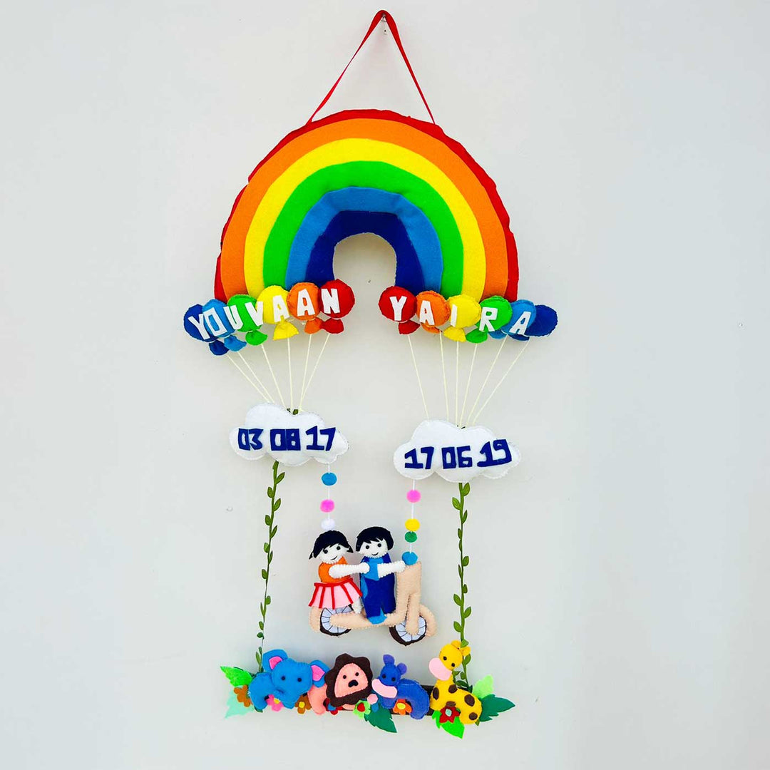 Personalized Rainbow Theme Felt Kids Name Plate For Siblings 1 - Hanging Display with Name and Date