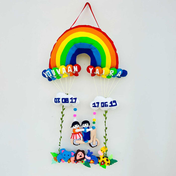 Personalized Rainbow Theme Felt Kids Name Plate For Siblings 1 - Hanging Display with Name and Date