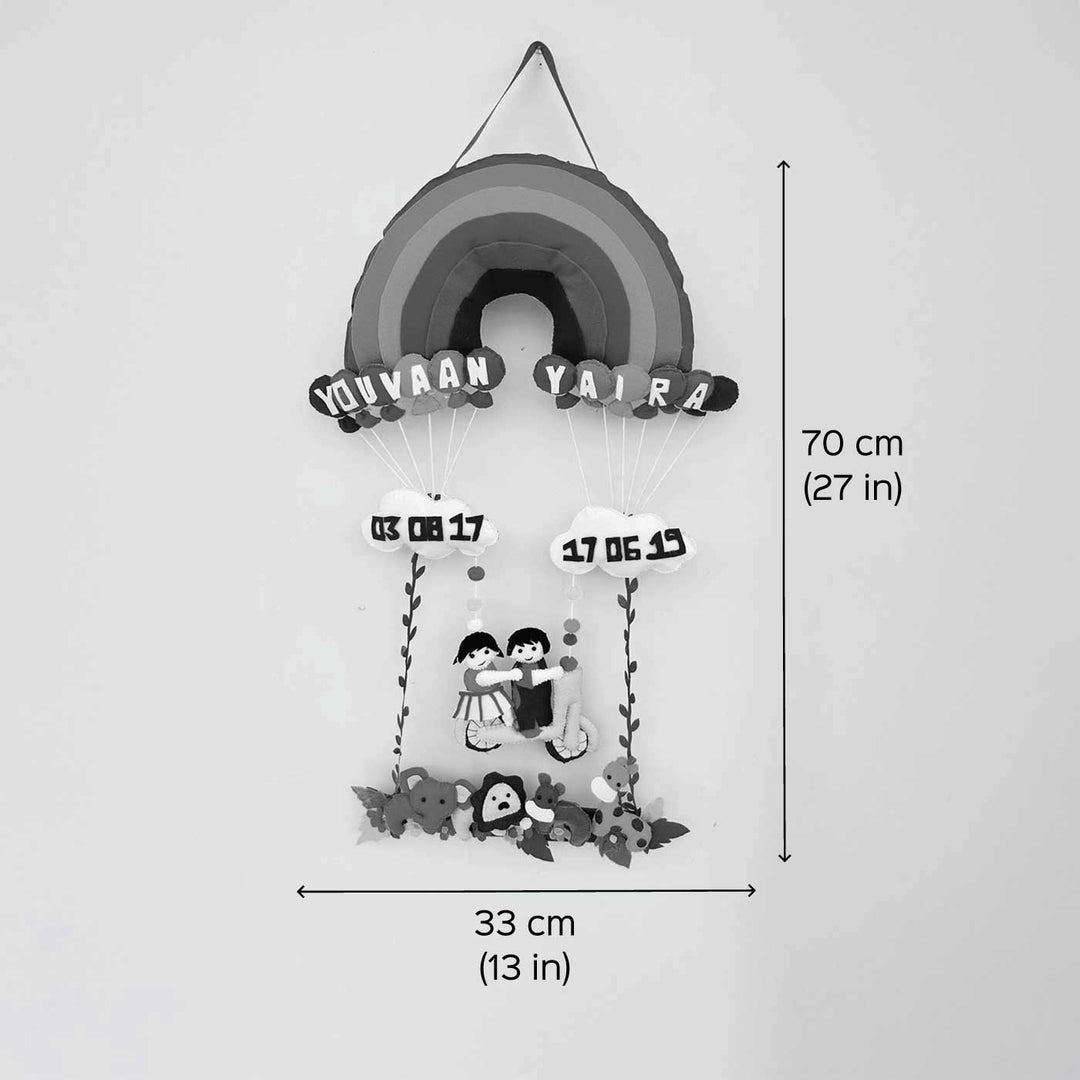 Personalized Rainbow Theme Felt Kids Name Plate For Siblings 1 - Front View with Dimensions