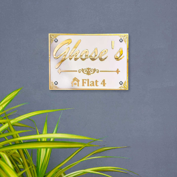 Personalized Waterproof Beautiful White And Gold Acrylic Led Name Plate - Mounted on Gray Wall Front View