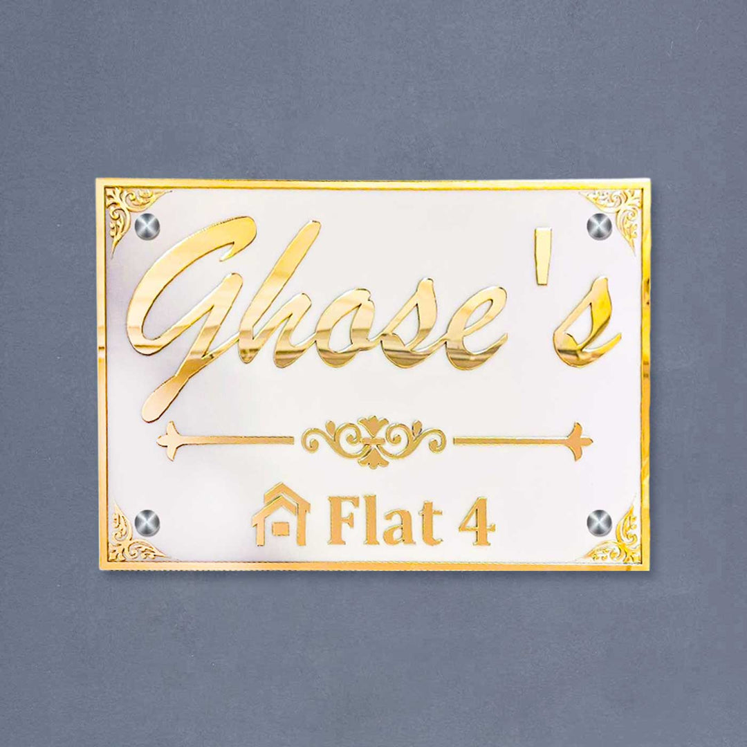 Personalized Waterproof Beautiful White And Gold Acrylic Led Name Plate - Front View on Wall Background