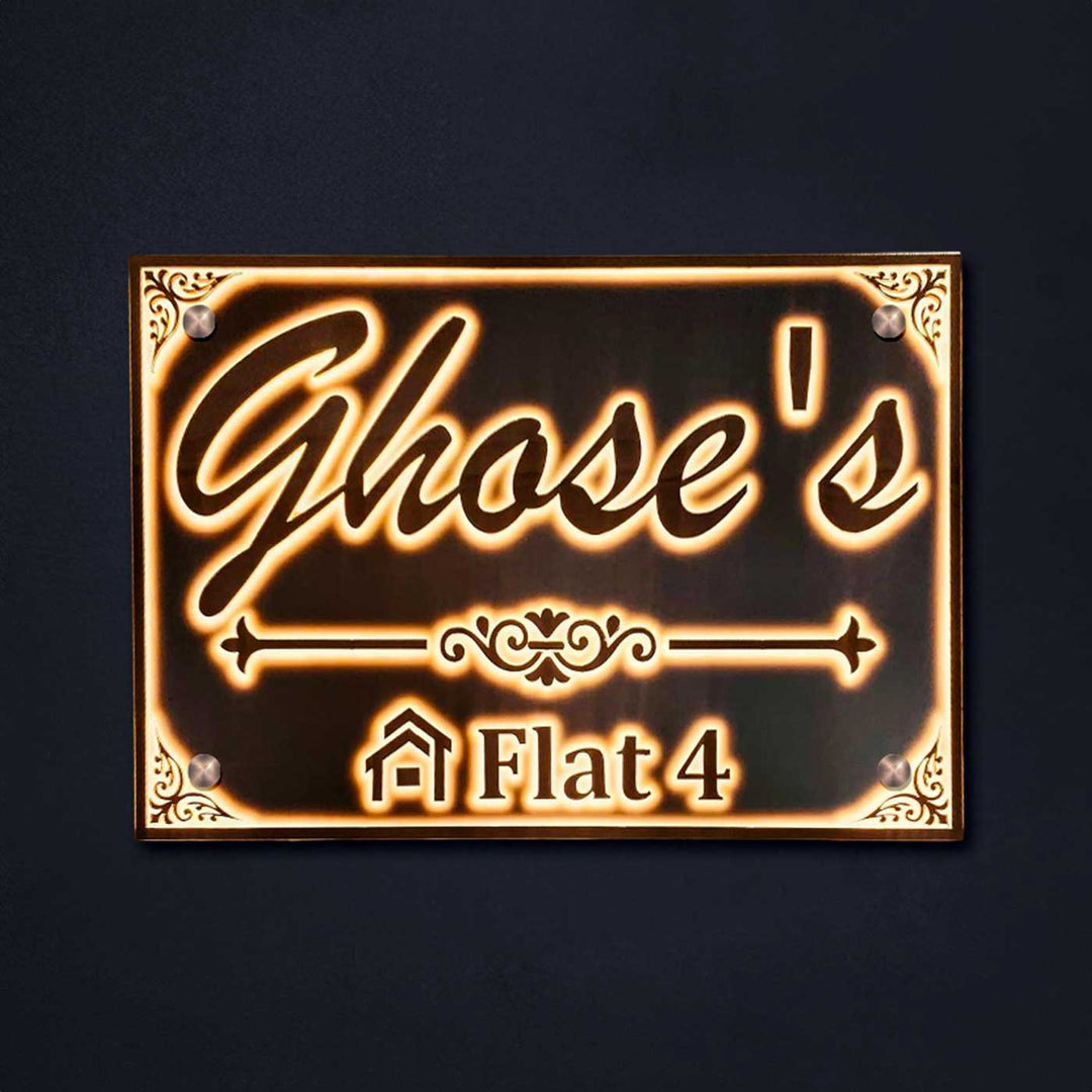 Personalized Waterproof Beautiful White And Gold Acrylic Led Name Plate - Front View Mounted on Wall