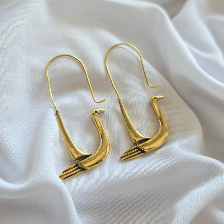 Handmade Birdie Hooks Large Brass Earrings