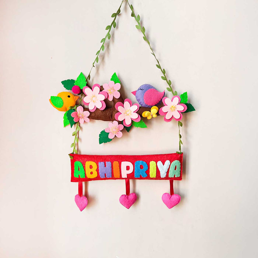 Personalized Birds And Flowers Theme Felt Kids Name Plate - Hanging Name Personalization Example