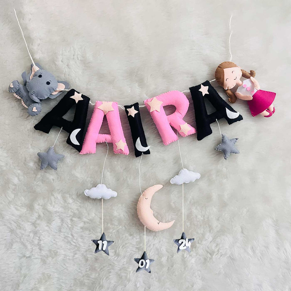 Handcrafted Personalized Black Pink Themed Bunting For Kids - Name Personalization with Hanging Elements