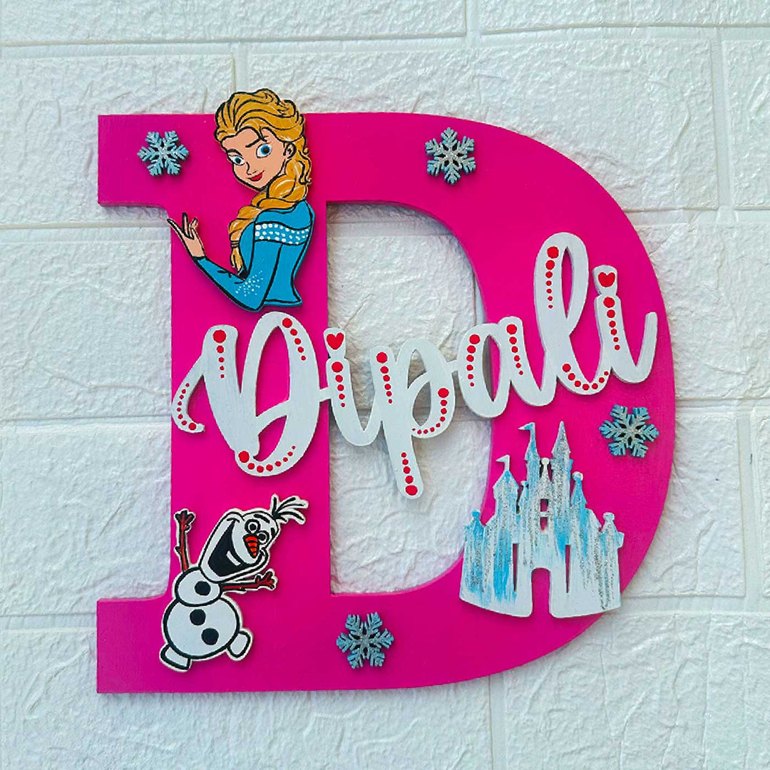Personalized Hand Painted Elsa Adventure Mdf Wood Monogram With 3D Letters - Front View Hanging on Wall
