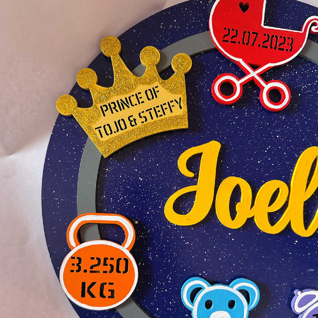 Personalized Hand Painted Birth Detail Celebration Mdf Wood Kids Name Plate With 3D Letters - Name Personalization Example Close-up
