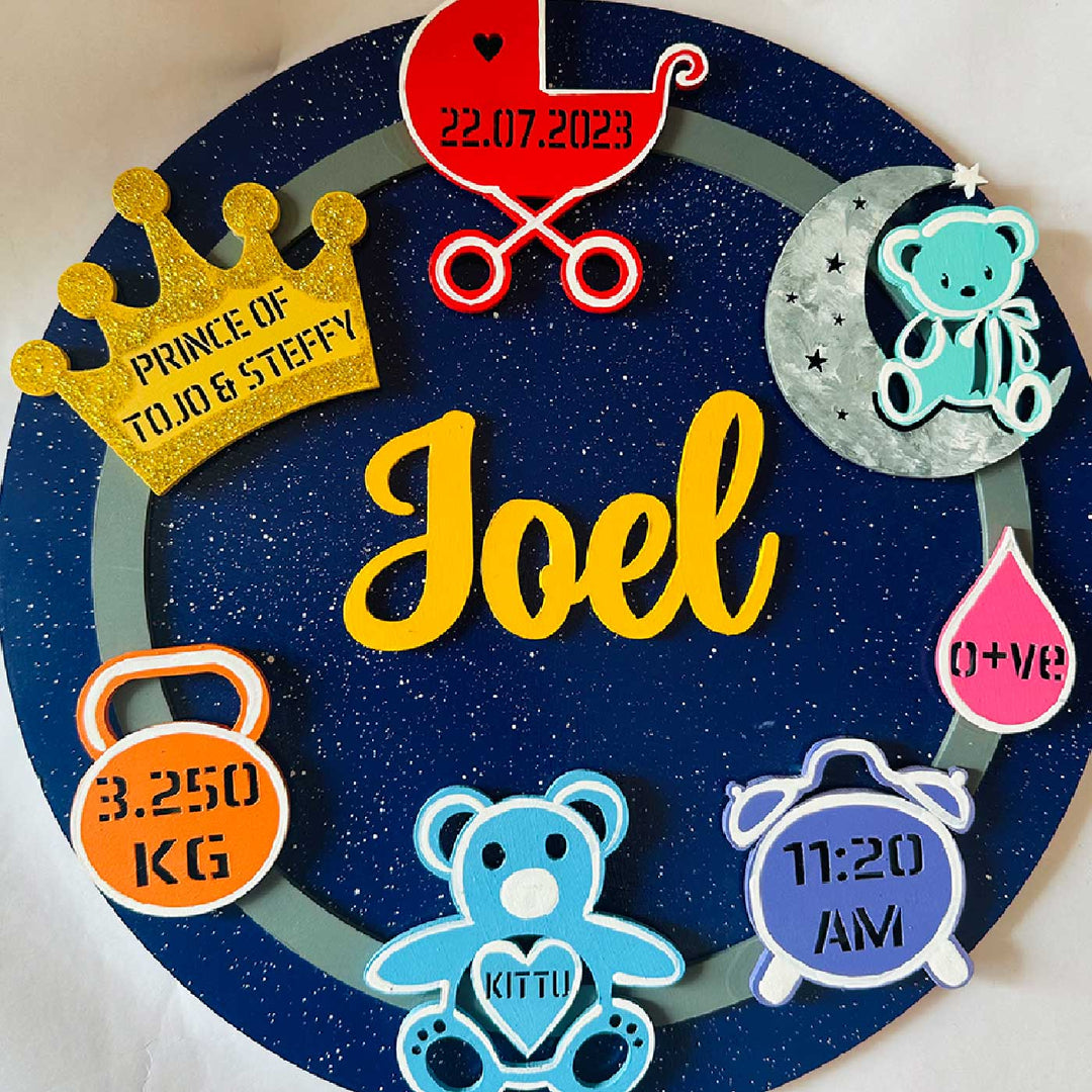Personalized Hand Painted Birth Detail Celebration Mdf Wood Kids Name Plate With 3D Letters - Name Personalization Example