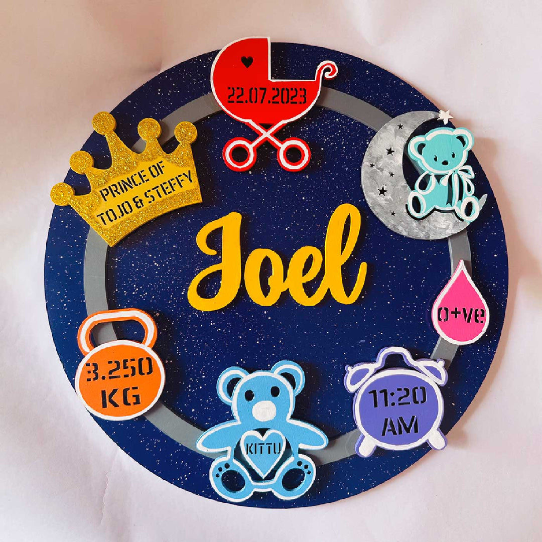 Personalized Hand Painted Birth Detail Celebration Mdf Wood Kids Name Plate With 3D Letters - Front View with Name Personalization