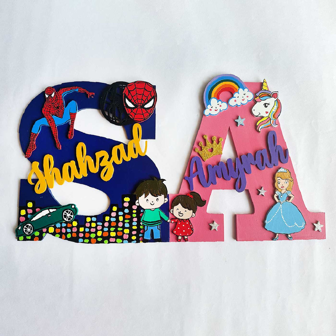 10 Inch Personalized Hand Painted Superhero Siblings Adventure Mdf Wood Monogram With 3D Letters - Front View with Name Personalization