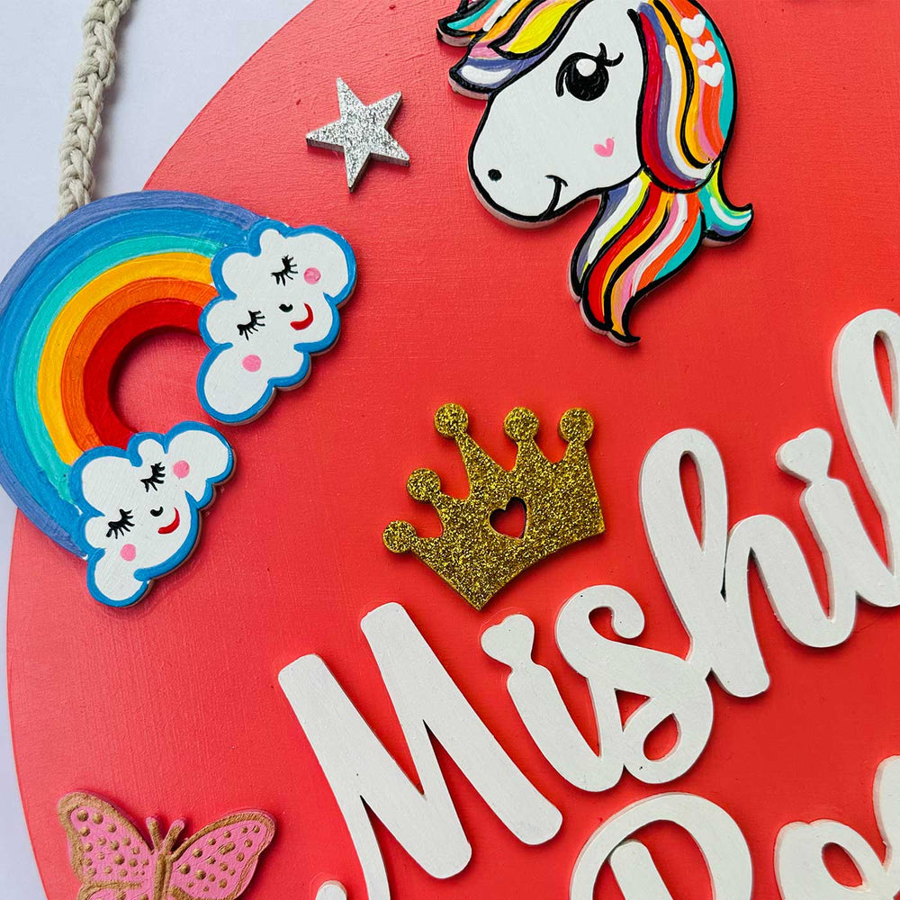 12 Inch Personalized Hand Painted Unicorn Mermaid Rainbow Mdf Wood Kids Name Plate With 3D Letters - Name Personalization Example Close-up