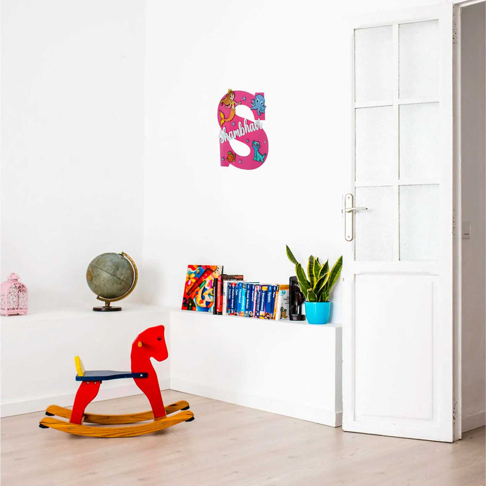 Handcrafted Personalized Kids Mermaid Themed Monogram Mdf Nameplate - Mounted on Wall in Room Setting