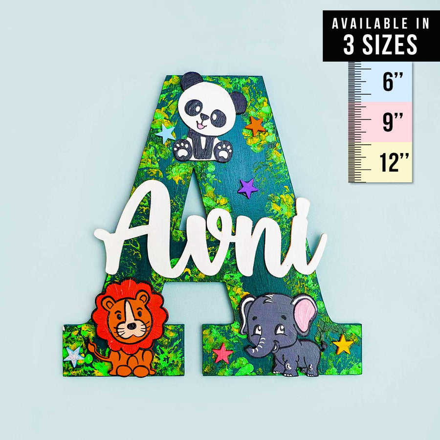 Hand Painted Personalised Kids Jungle Monogram Name Plate - Front View with Size Chart Overlay
