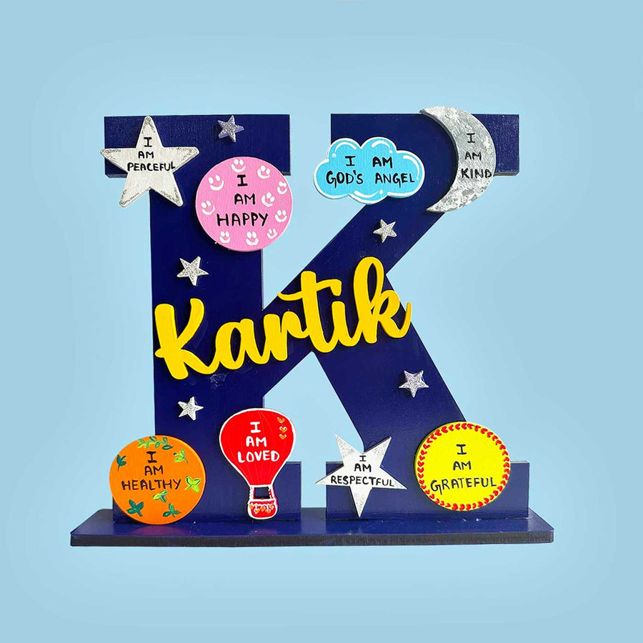 Hand Painted Personalized Table Top Kids Monogram Nameplate 4 - Front View on Stand Display
