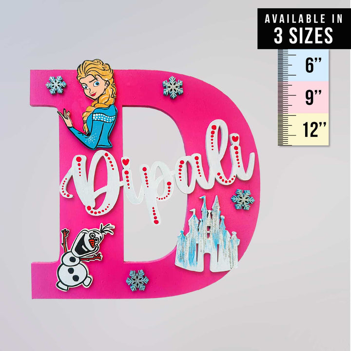 Personalized Hand Painted Elsa Adventure Mdf Wood Monogram With 3D Letters - Front View with Size Options Chart