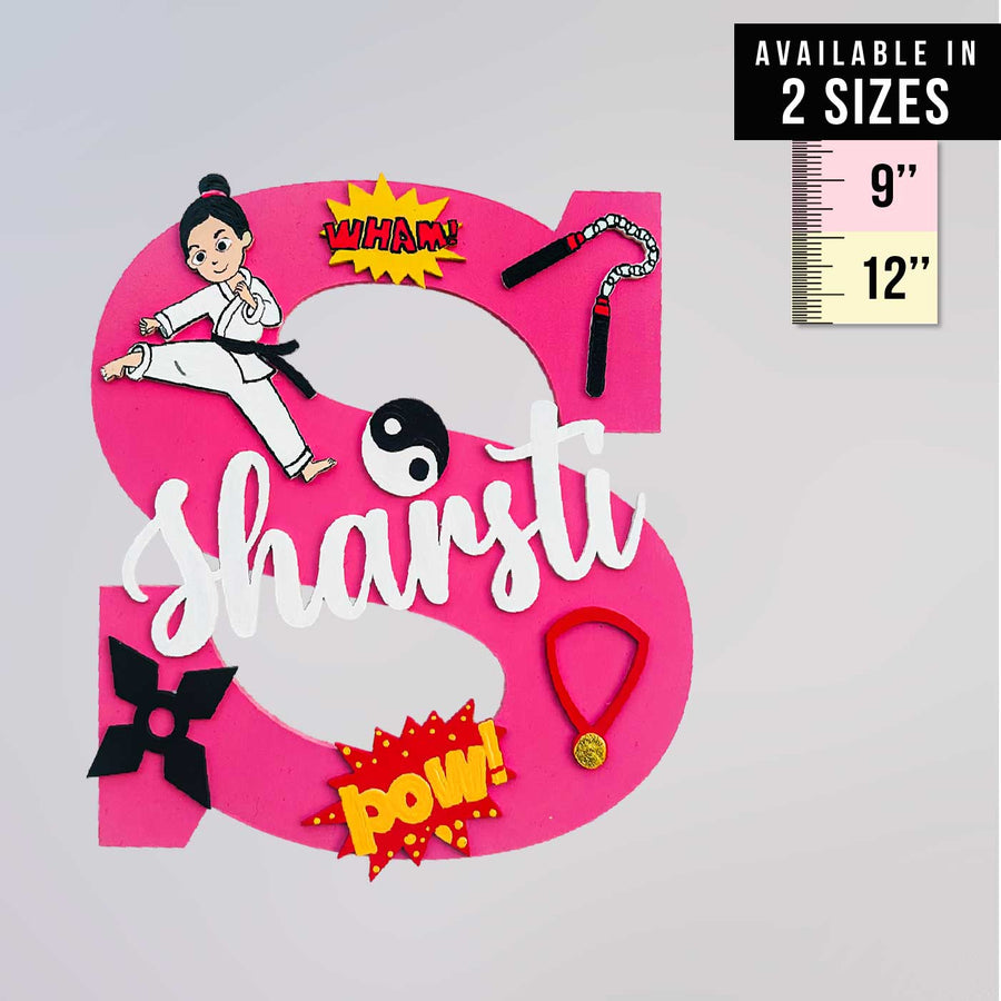 Personalized Hand Painted Judo Adventure Mdf Wood Monogram With 3D Letters - Front View with Size Chart