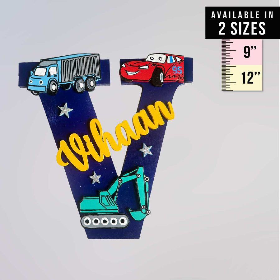 Personalized Hand Painted Transportation Adventure Mdf Wood Monogram With 3D Letters - Name Personalization Example with Size Guide