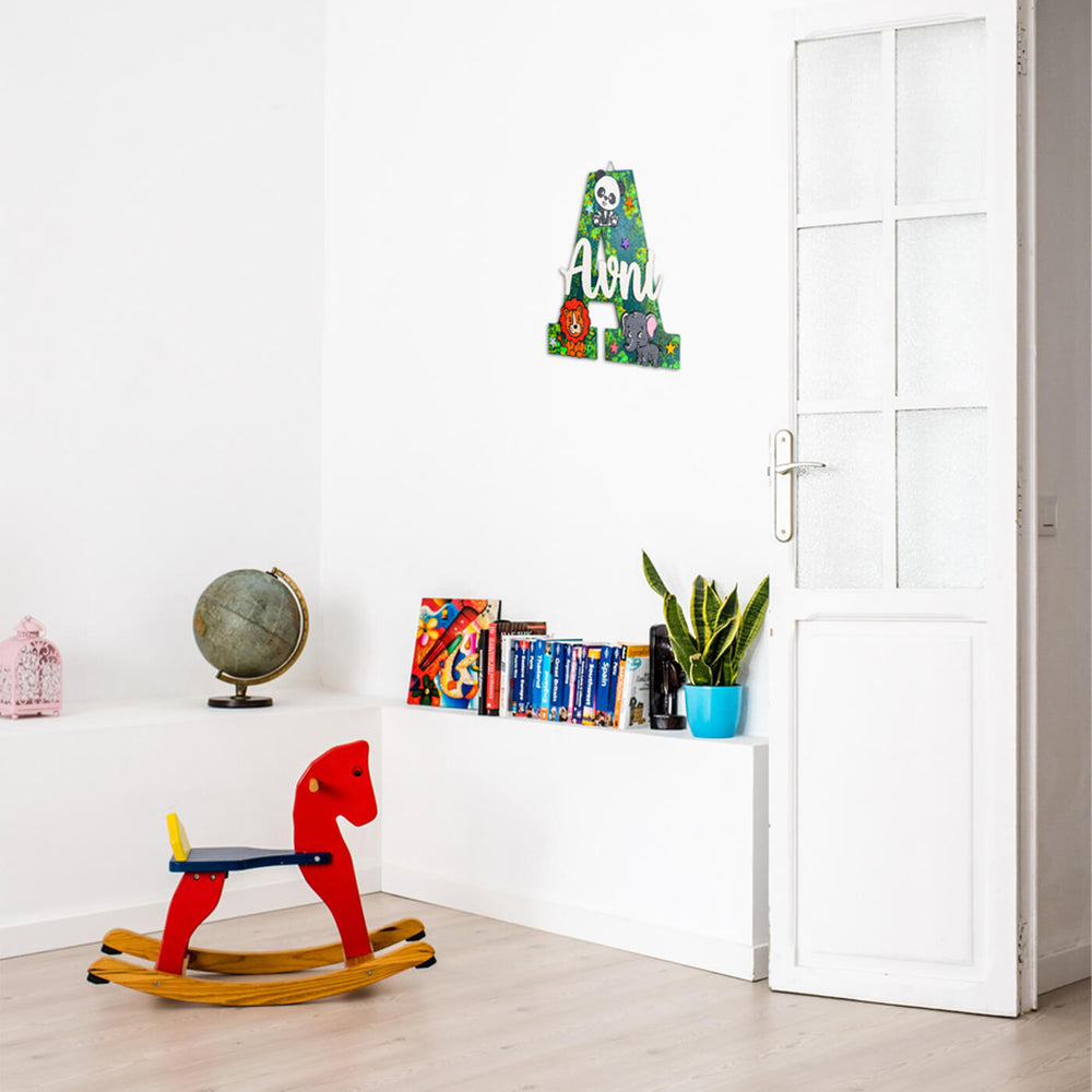 Hand Painted Personalised Kids Jungle Monogram Name Plate - Mounted on White Interior Wall