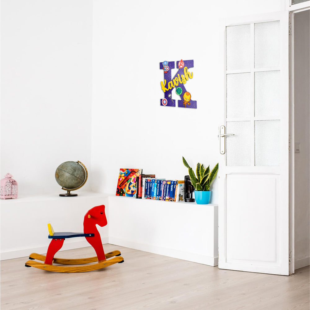 Hand Painted Personalised Kids Superhero Themed Monogram Name Plate - Mounted on Wall in Room Setting