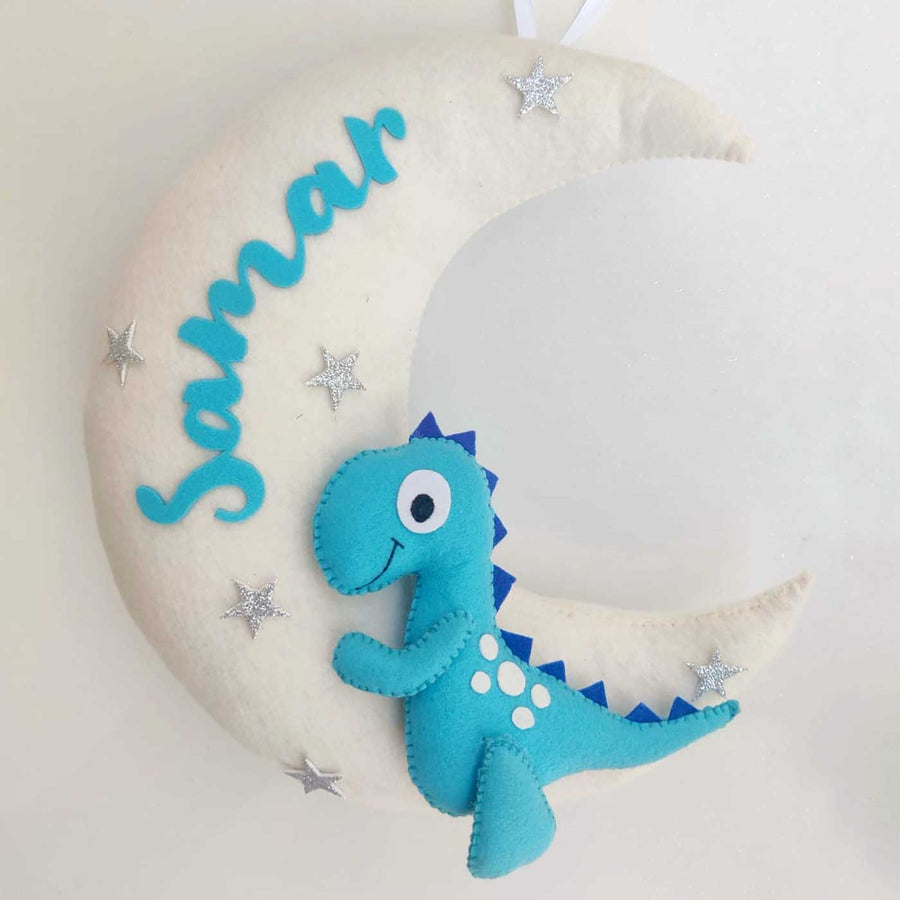 Handmade Personalized Dino On Moon Felt Kids Name Hanging 1 - Front View Hanging Decoration with Name