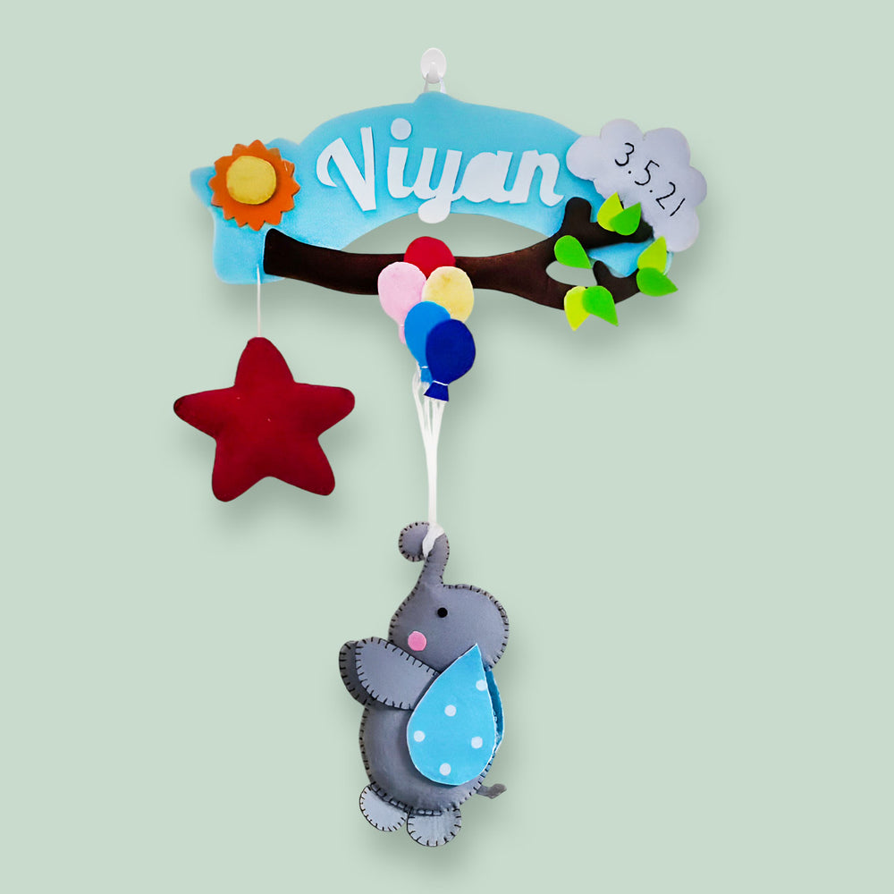 Personalized Branch And Elephant Theme Felt Kids Name Plate - Hanging with Name Personalization