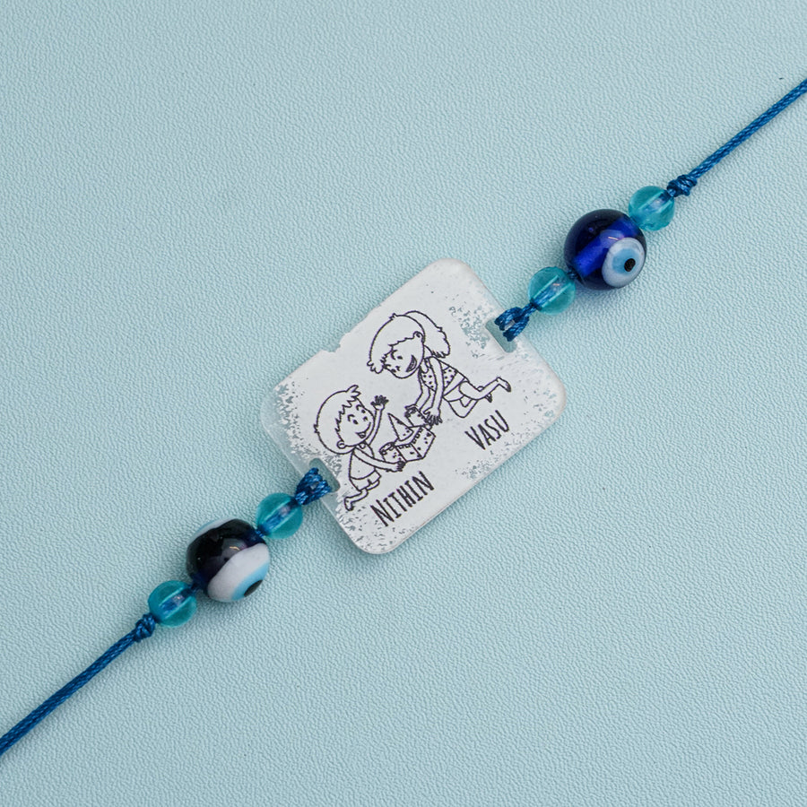 Personalized Handmade 3D Line Art Bro And Sis Evil Eye Beads Acrylic Rakhi With Roli Chawal - Engraving Close-up