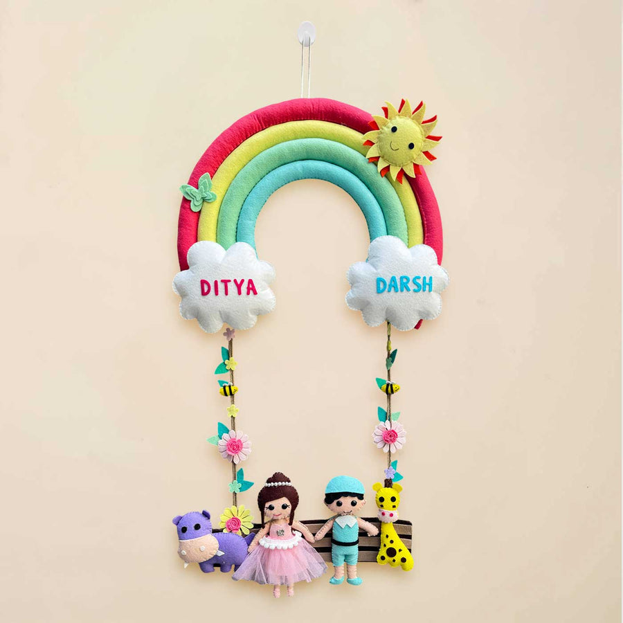 Personalized Rainbow Theme Felt Kids Name Plate For Siblings New - Hanging Personalized Name Display