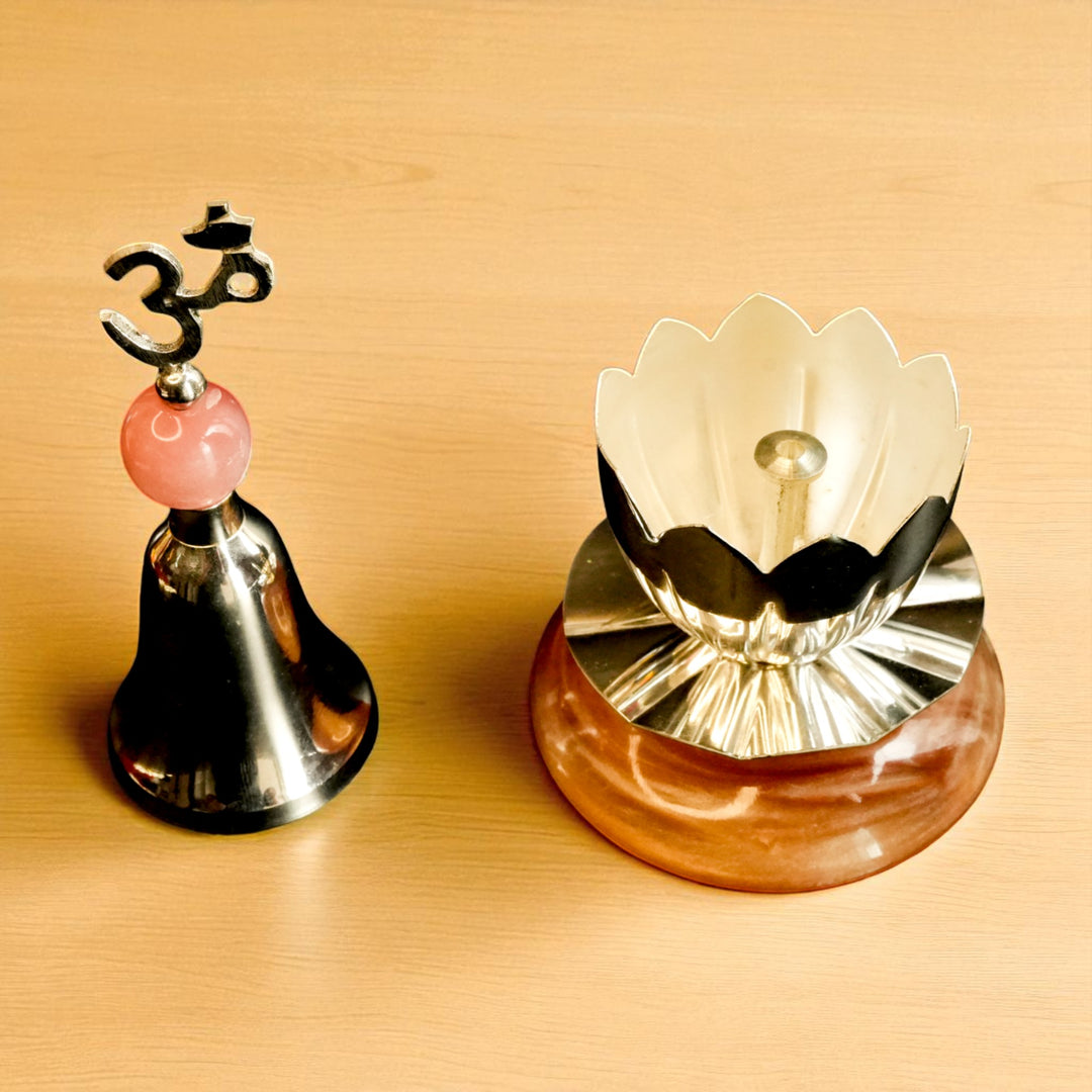 Silver Coated Brass Divine Prayer Bell & Diya Set