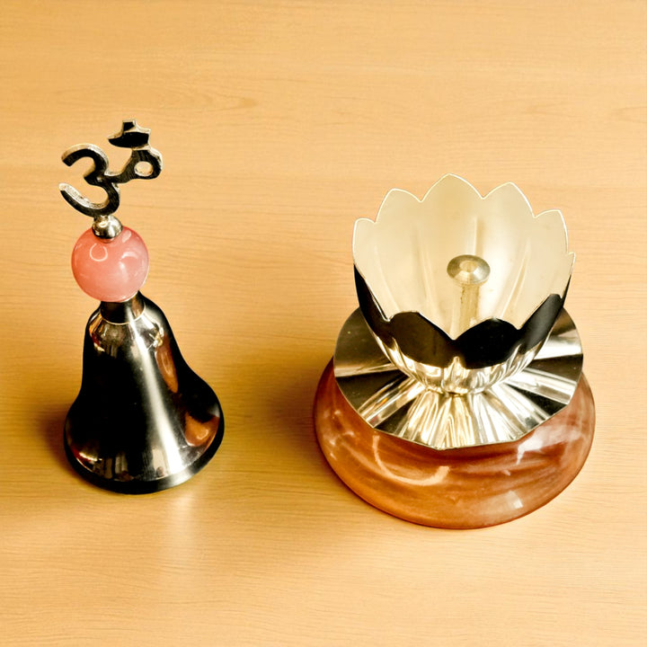 Silver Coated Brass Divine Prayer Bell & Diya Set