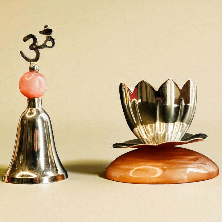 Silver Coated Brass Divine Prayer Bell & Diya Set
